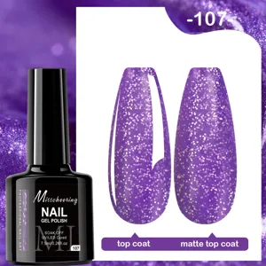Comparaison de vernis gel pailleté violet avec finitions brillante et mate.