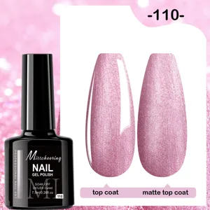 Vernis à ongles pailleté rose montrant des finitions brillantes et mates de top coat