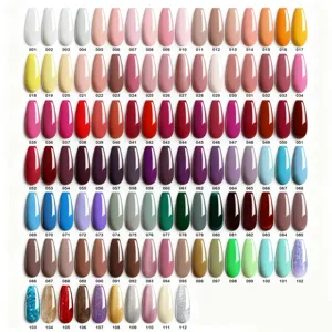 Palette complète de 112 couleurs pour vernis gel comprenant des finis unis et pailletés.