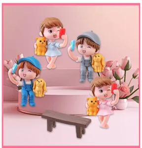 Detailed view of cute couple mini figurines with smartphones and pets for micro landscape decor.