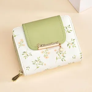 Portefeuille Court Bifold pour Femmes en Cuir PU Grande Capacité Imprimé Feuilles Floral Pour Filles Étudiants Style Frais