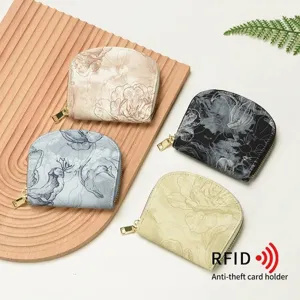 Vintage Floral PU Leather RFID Blocking Card Holder For Women Retro Accordion Style Zipper Coin Purse Anti-Theft Wallet