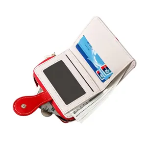 Portefeuille compact blanc et rouge pour femme avec fentes pour cartes et poche zippée