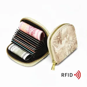 Vintage floral accordion card holder with RFID protection and multi-slot zipper design