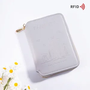 Portapassaporto da viaggio RFID con cerniera e design skyline goffrato
