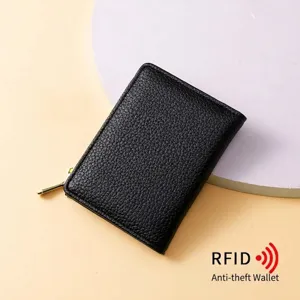 Portefeuille femme RFID en cuir noir avec fermeture éclair et texture grain litchi