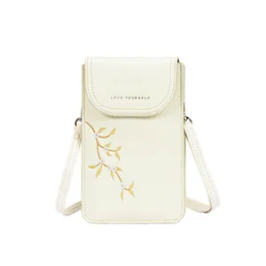 Élégant Sac pour Téléphone Portable Brodée pour Femmes en Cuir PU Texture Litchi Petit Sac Bandoulière pour Femmes Filles