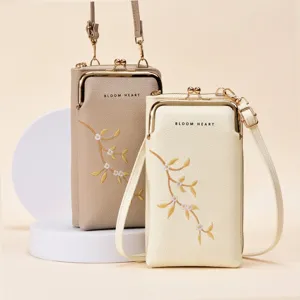Damen Stickerei Blumen PU Leder Handytasche Vintage Metallverschluss Umhängetasche Lange Geldbörse Nische Design Schultertasche