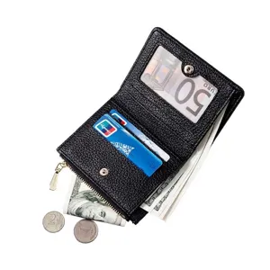 Portefeuille femme en cuir noir avec blocage RFID, poche zippée et fentes pour cartes