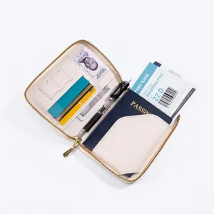 Portafoglio da viaggio per passaporto beige con cerniera anti-RFID e scomparti interni