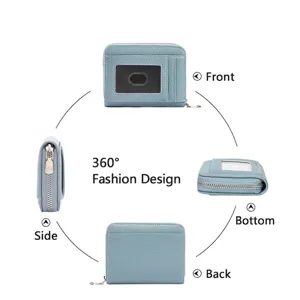 Porte-cartes accordéon en cuir PU bleu RFID présenté sous plusieurs angles de 360°