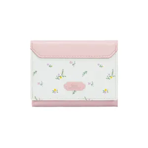 Koreanischer Stil Damen Dreifach Gefaltete Brieftasche PU Leder Blumendruck Kleine Schlanke Geldbörse Studenten Täglich Mode