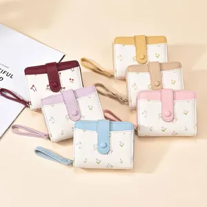 Petit portefeuille pour femme imprimé tulipe et nœud avec fermeture éclair et dragonne