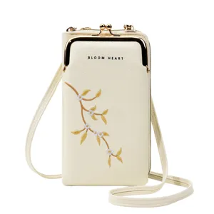 Bestickte Mini-Handytasche in Creme mit Umhängeriemen und Kussverschluss-Design