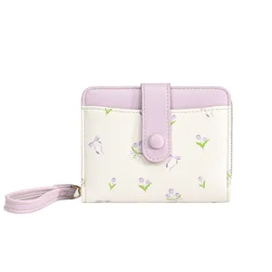 Portefeuille élégant motif tulipe lavande avec dragonne amovible pour femme