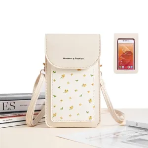 Women Floral Print Crossbody Phone Bag Mini PVC Shoulder Pouch With Touch Screen Window Fashion Small Handbag For Girls