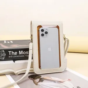 Women's off-white faux leather crossbody phone bag with transparent touch-screen window