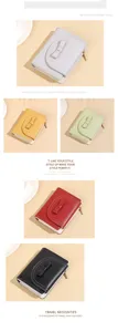 Detailed close-up view of women's short leather bow wallets in multiple colors with zipper closure
