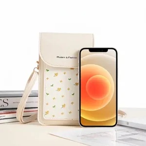 Cream white floral crossbody phone bag with touchscreen window for women