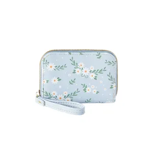 Hellblaue Geldbörse mit Gänseblümchen-Print und Kartenhalter mit Handschlaufe