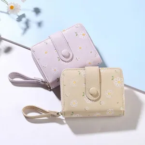 Petit Portefeuille pour Femmes avec Imprimé Floral Marguerite en Cuir PU avec Fermeture Éclair et Dragonne Style Coréen Porte-Cartes