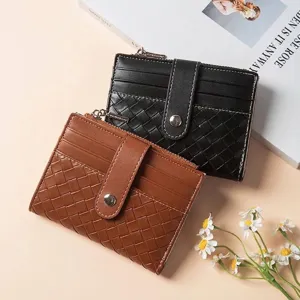 Portefeuille pour Femmes Style Coréen avec Texture Tissée en Cuir PU Haut de Gamme Fentes Multi-Cartes Porte-Cartes avec Fermoir à Pression et Poche à Monnaie Zippée
