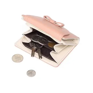 Pink bow short wallet for women featuring a zip coin purse pocket
