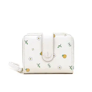 Élégant portefeuille court pour femme de style coréen blanc avec motif floral et fermeture