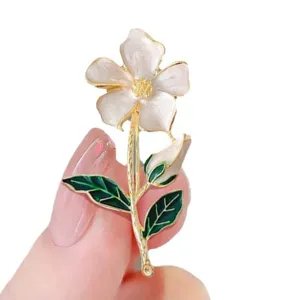 Elegant cream enamel flower brooch pin with golden stem and green leaves for women