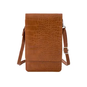 Petit sac bandoulière marron pour téléphone portable avec motif crocodile élégant