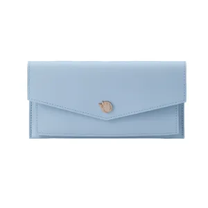 Élégant portefeuille long et mince bleu clair pour femme avec rabat enveloppe et bouton
