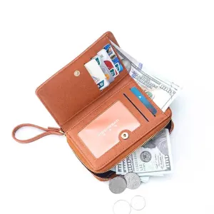 Grand portefeuille pour femme en cuir PU marron avec fentes pour cartes et dragonne amovible