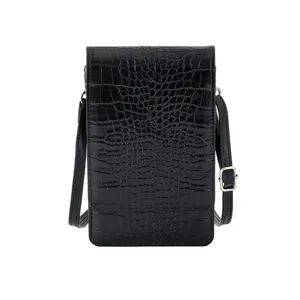 Élégante sacoche de téléphone à motif crocodile noir avec bandoulière réglable et longue