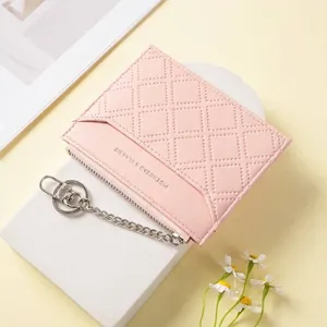 Women Quilted Diamond Lattice PU Leather Card Holder Slim Multi Slot Zipper Coin Purse Keychain Driving License Wallet