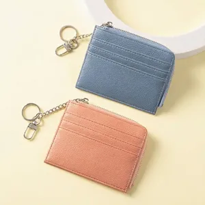 Slim portable women's faux leather card holder wallet with keychain and zipper coin pocket