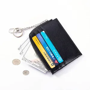 Slim black leather card holder wallet with keychain and zipper pocket