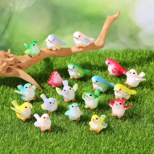 Mini resin bird figurines set for moss landscape, cute micro garden animal decor for succulent pots.
