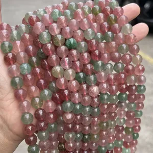 Textura detallada de cuentas redondas de cuarzo fresa rojo y verde natural para joyería DIY