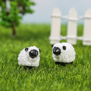 Miniature sheep figurines for succulent garden decor, cute resin micro landscape ornaments.
