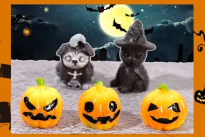 Miniature Halloween resin ornaments set featuring magic cat witch and jack-o-lantern pumpkins.