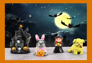 Detailed view of cute Halloween miniature resin figurines featuring pugs and a witch