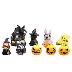 Collection of creative Halloween miniature figurines including cute pumpkins and magic cats decor