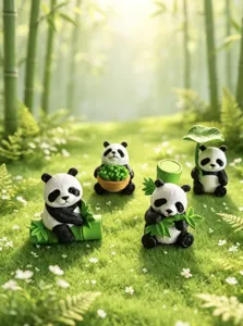 Detailed view of mini panda figurines, cute PVC micro landscape succulent plant decor.