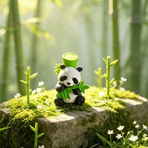 Cute bamboo panda PVC figurine detail shot, perfect for succulent pot and micro landscape decor.