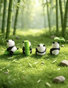 Cute panda figurines detail view, perfect micro landscape decor and succulent plant decor.