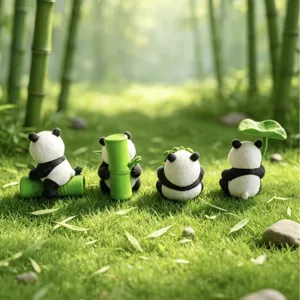 Cute panda PVC figurines set with bamboo and lotus leaf for succulent potted plant decor.