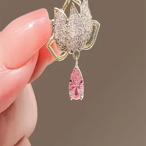 Gold lotus flower brooch with pink teardrop crystal elegant women fashion suit pin jewelry