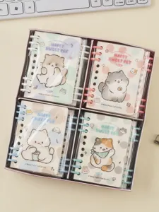 Cute cat theme spiral notebook gift box set, lovely cartoon pocket diary detail view.