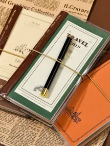 Travel notebook set detail view featuring vintage leather cover, paper inserts, and a black pen.