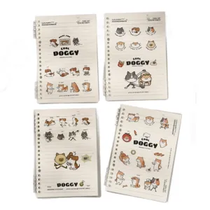 Set of four cute cartoon dog and cat loose-leaf notebooks with spiral binding